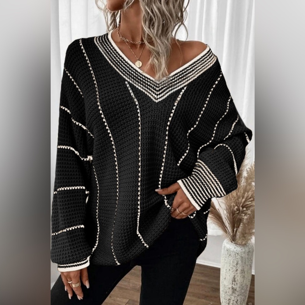 Addie- black colorblock striped v neck sweater NWOT